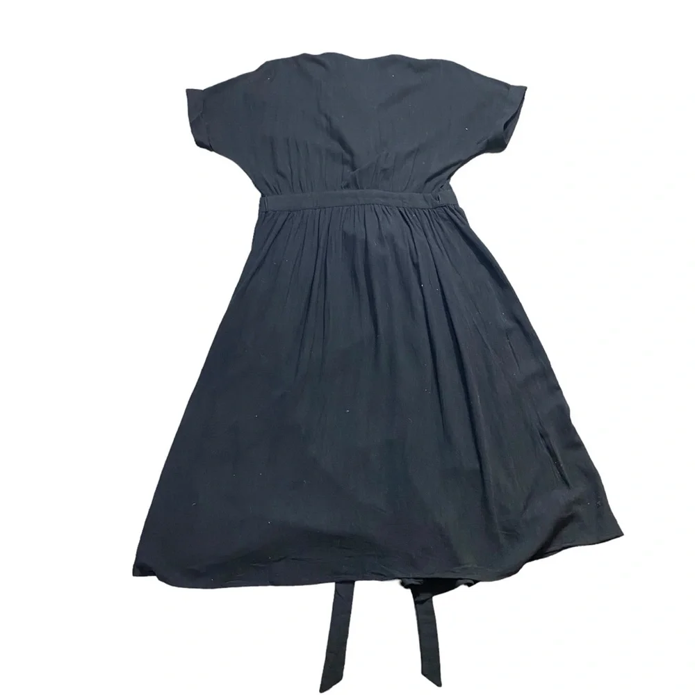 WILLOW Anthropologie Womens Wrap Dress Midi Black short Sleeve Size M Linen NEW - Picture 10 of 15